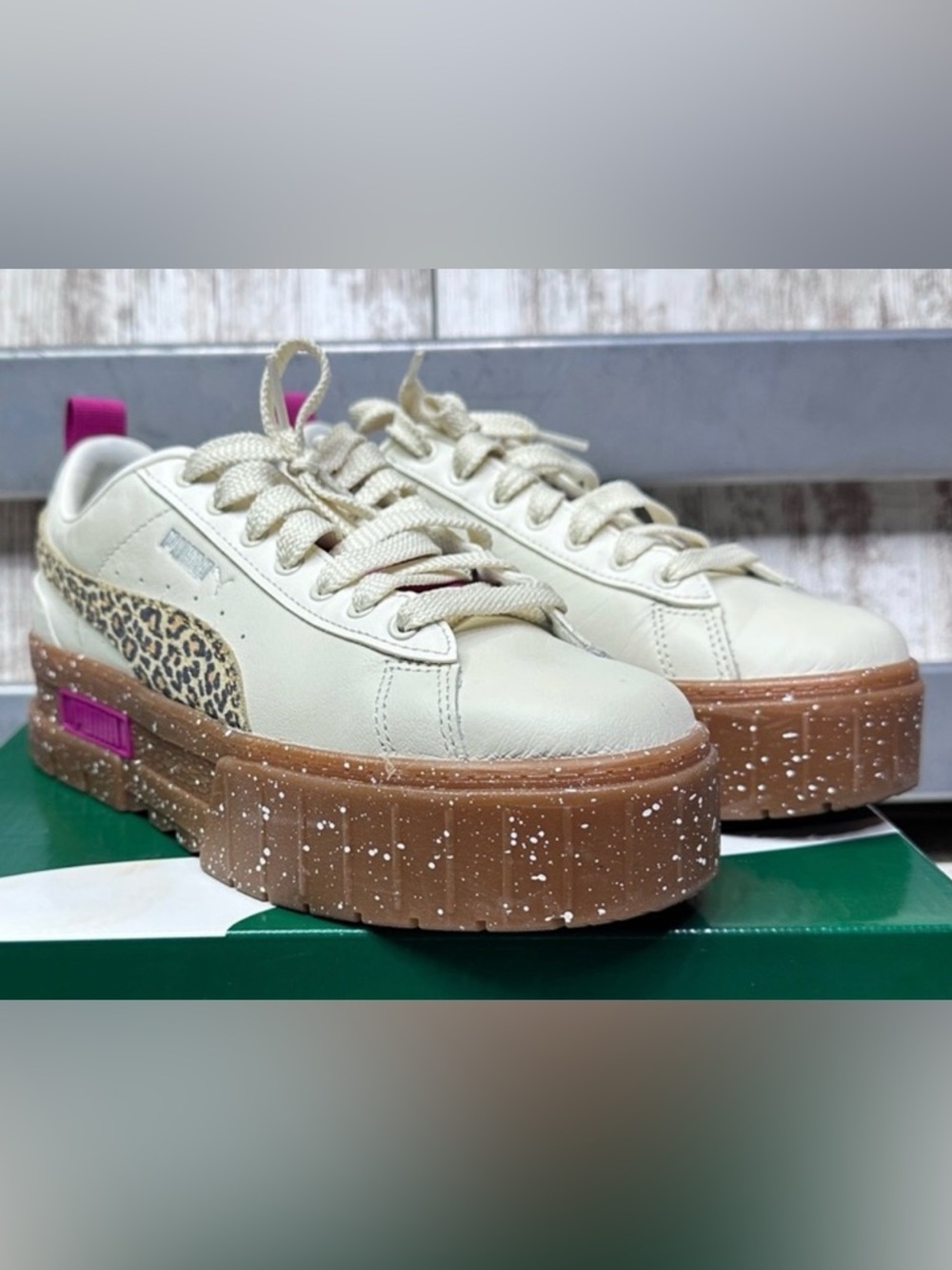 Puma Women’s Cream Leather Platform Sneakers with Leopard Detail